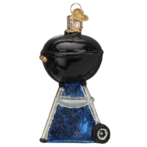 Black Classic Barbecue glass ornament with a glittery blue base and silver accents.