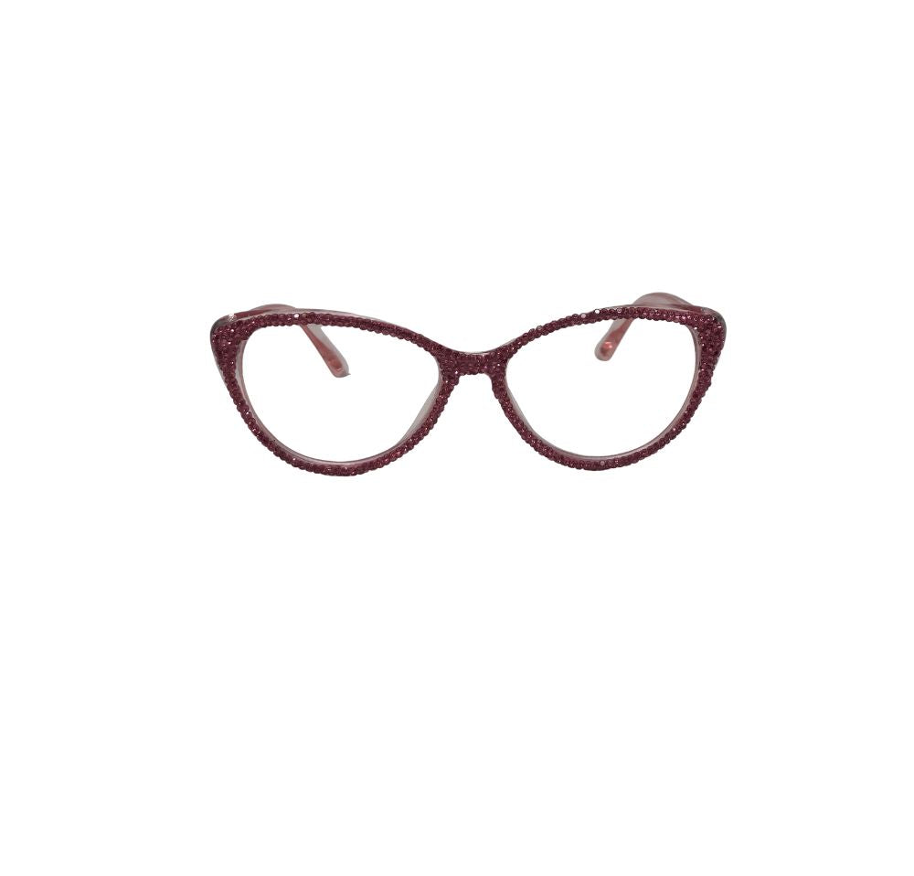 Cat-eye rhinestone reading glasses in a dark burgundy or plum color.