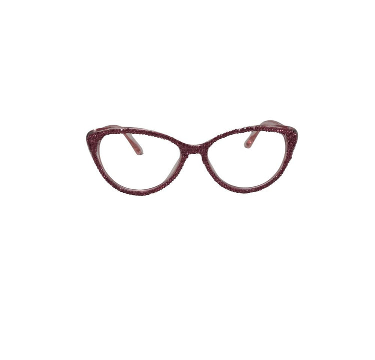 Cat-eye rhinestone reading glasses in a dark burgundy or plum color.