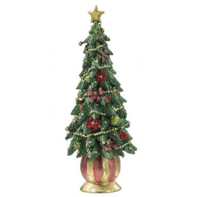 Resin Merry Décor Cone Tree with a gold star topper, red flowers, and a striped base.