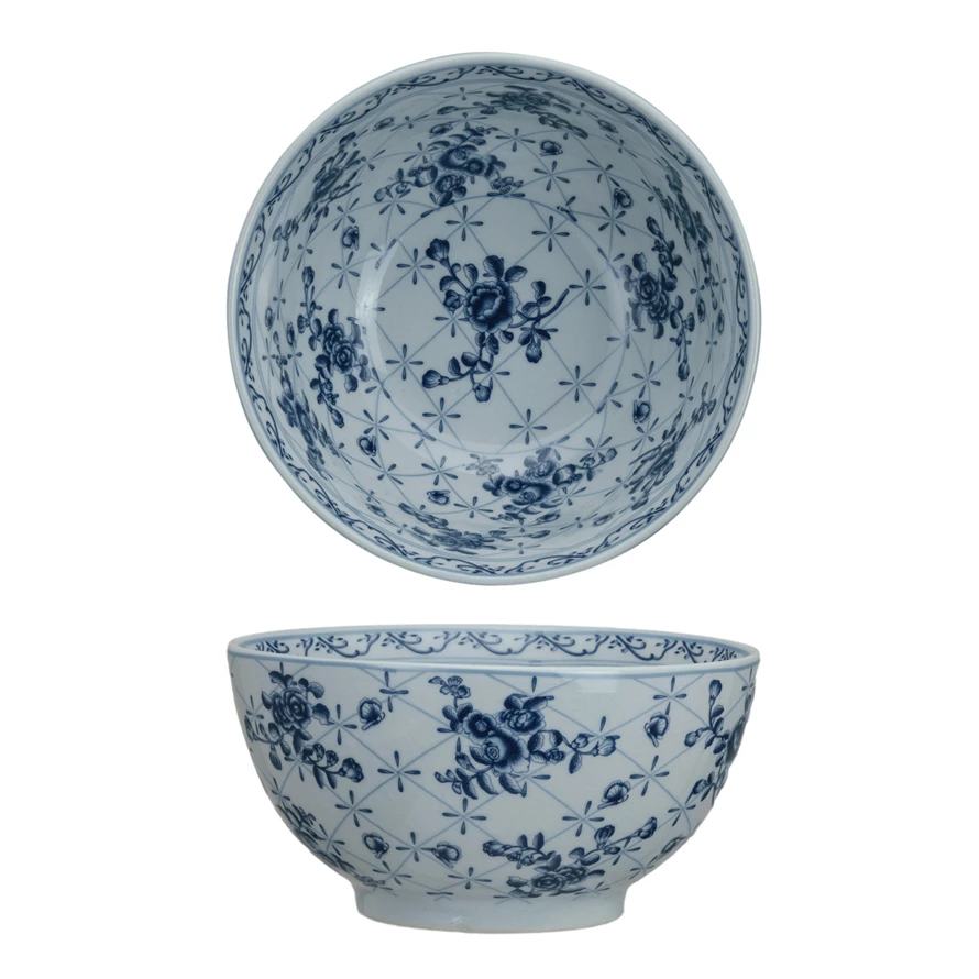 Top and side views of a round blue and white ceramic bowl with a floral and lattice pattern.