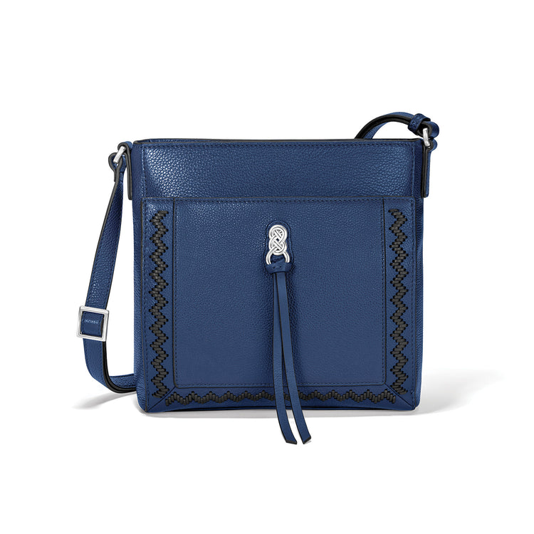 Astrid Organizer Bag in blue leather with silver Interlok hardware and adjustable crossbody strap.