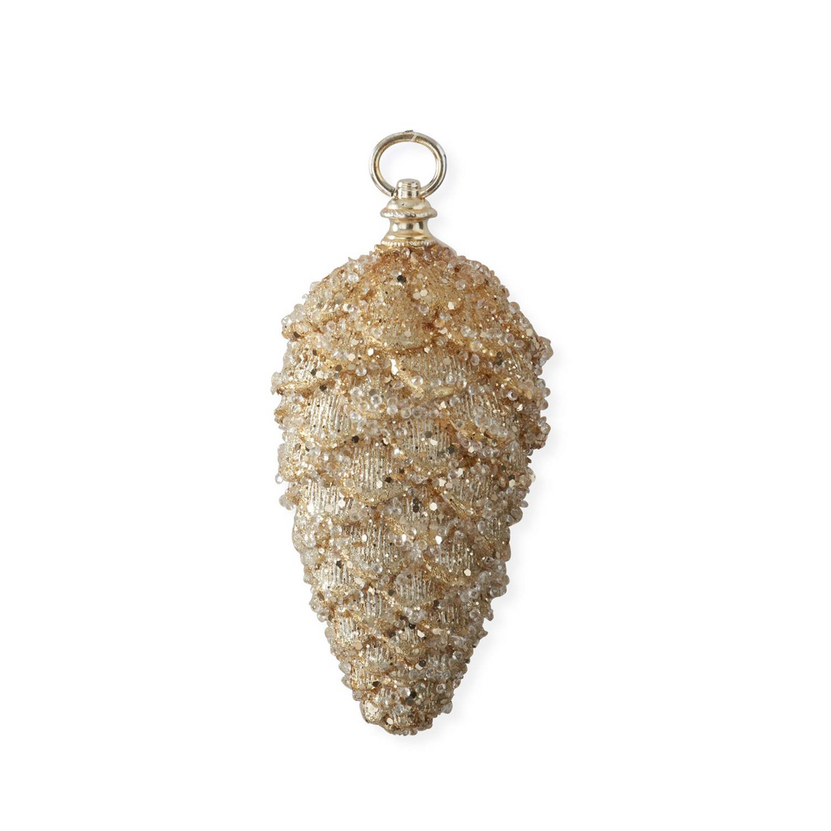 8.75 inch gold pinecone ornament with a shimmering glitter finish and a top hanging ring.