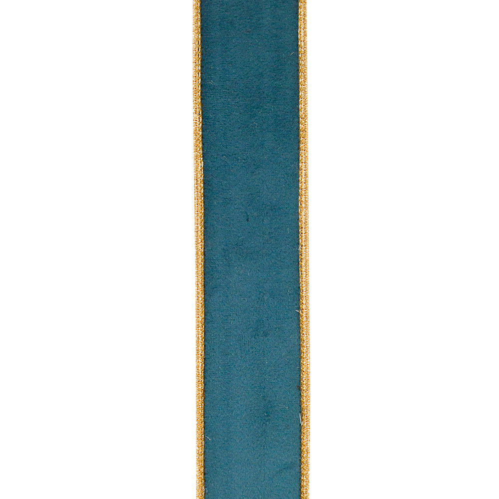 Teal velvet wired edge ribbon with metallic gold trim and dupioni backing.