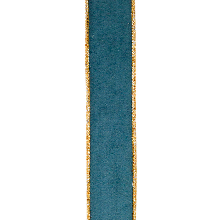 Teal velvet wired edge ribbon with metallic gold trim and dupioni backing.