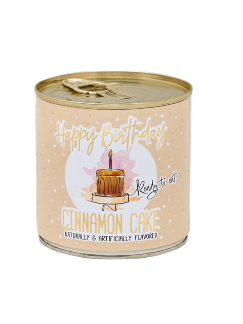 Cancake Cinnamon Cake in a gold-topped tin with a Happy Birthday design and cake illustration.