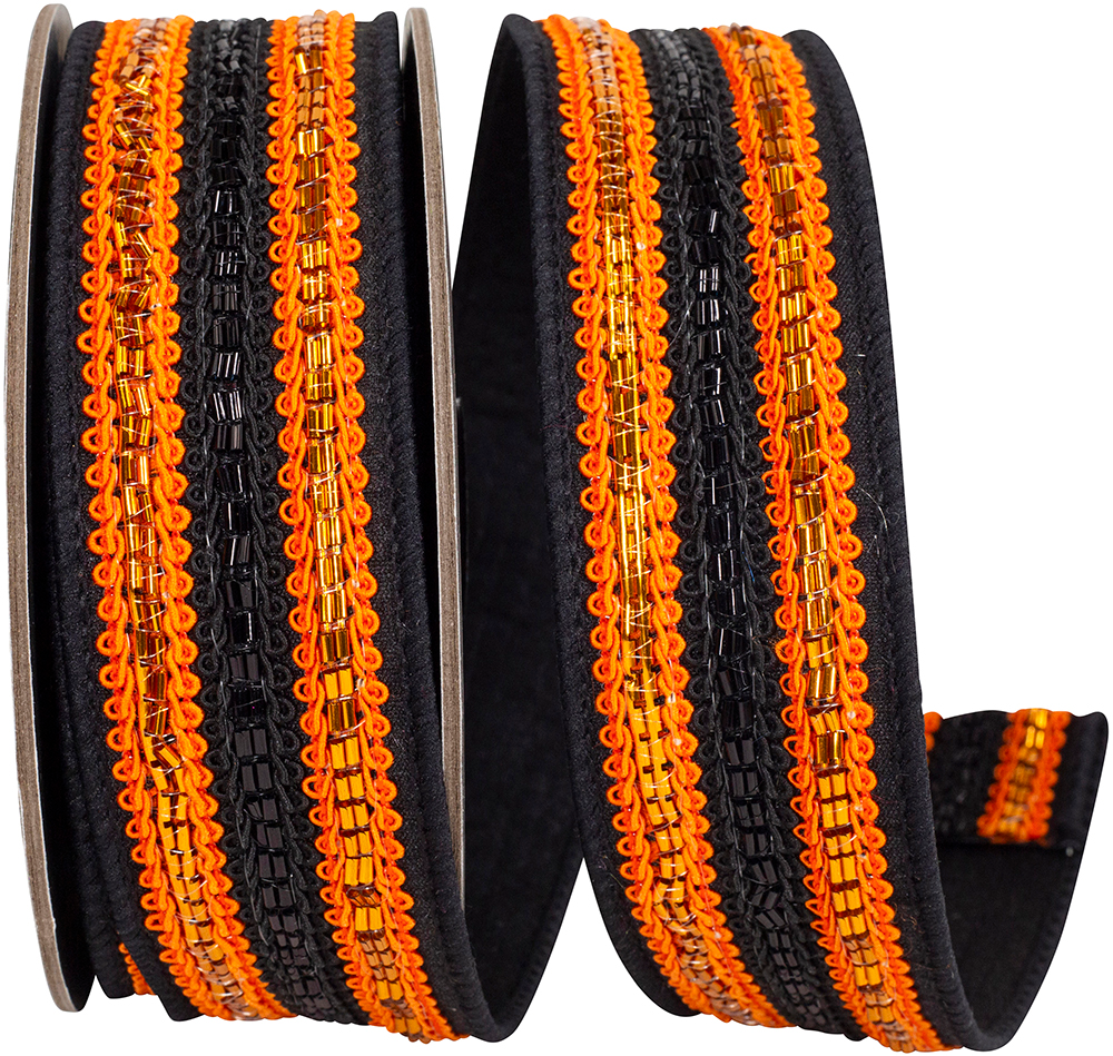 Trimming Lines Deluxe Fused Backed Wired Edge Ribbon with black and orange beaded stripes.