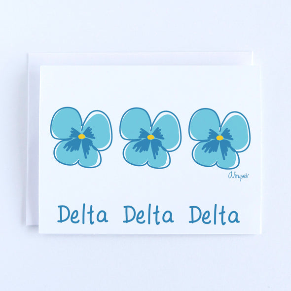 Delta Delta Delta sorority notecards with three blue pansy flowers and text.