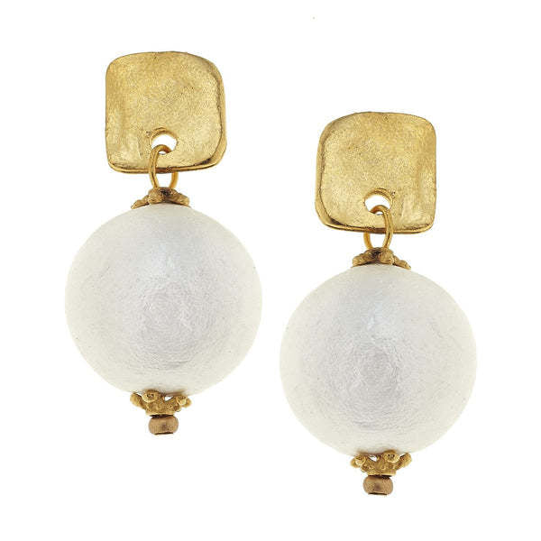 Square cotton pearl drop earrings featuring textured 24K gold plated square posts.