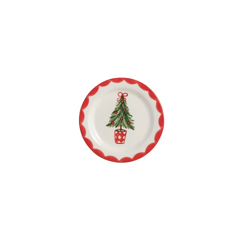 Hand-painted 4-inch ceramic tidbit plate with a Christmas tree design and red scalloped border.