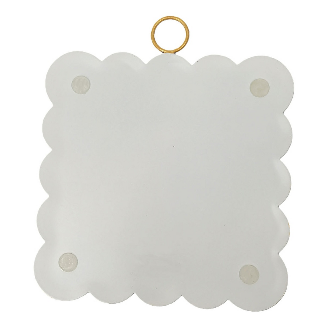 Back view of a white scalloped square frame with a gold hanging loop and four protective pads.