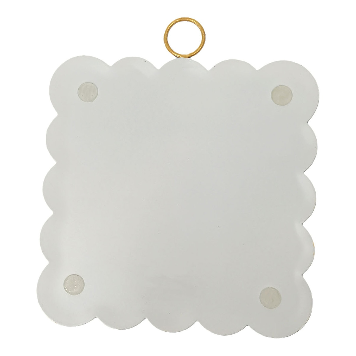 Back view of a white scalloped square frame with a gold hanging loop and four protective pads.