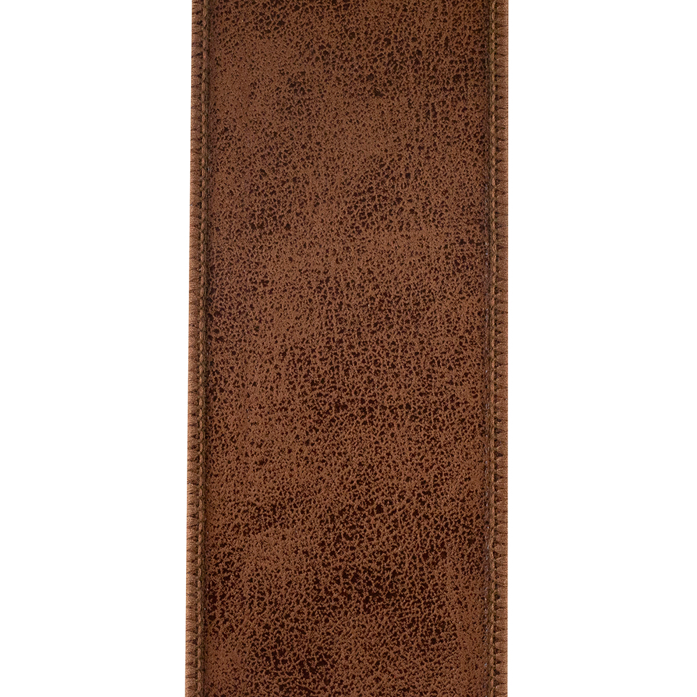 Close-up of a 2-1/2 inch brown leather deluxe two-sided wired edge ribbon with visible stitching.