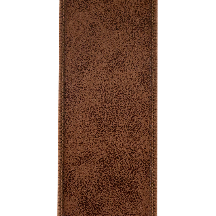 Close-up of a 2-1/2 inch brown leather deluxe two-sided wired edge ribbon with visible stitching.