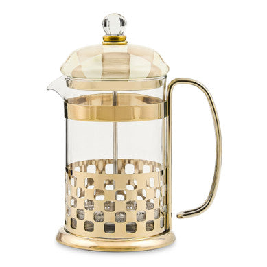 Hand-glazed steel French press with hand-painted emerald check pattern on heavy-gauge body.