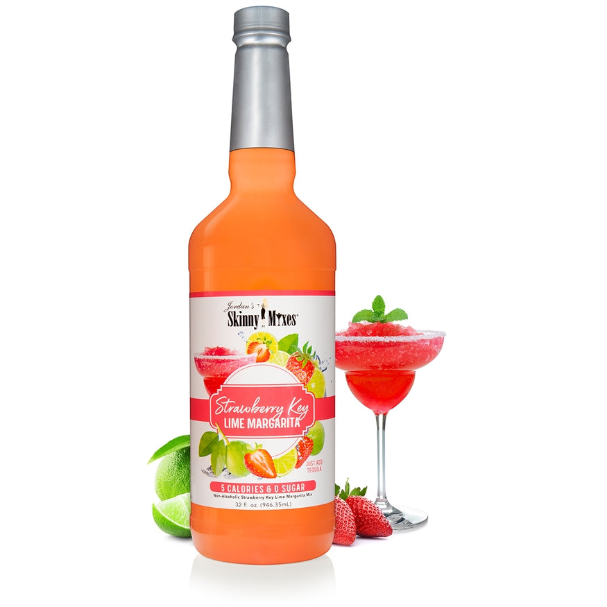 32 fl oz plastic bottle of sugar-free mixer in a clear container.