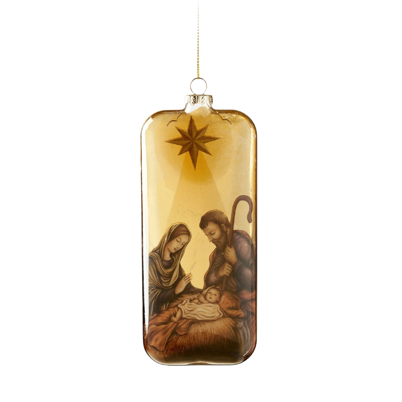 Rectangular glass nativity ornament featuring Mary, Joseph, and baby Jesus under a golden star.