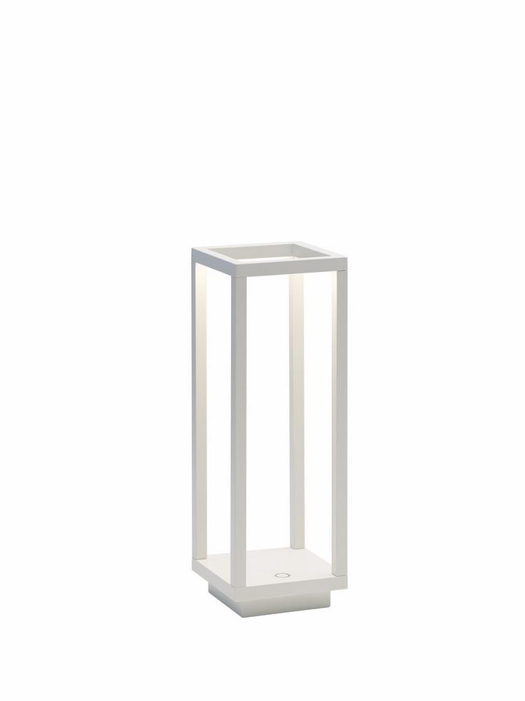 Die-cast aluminum table lamp with powder-coated finish in neutral tone.