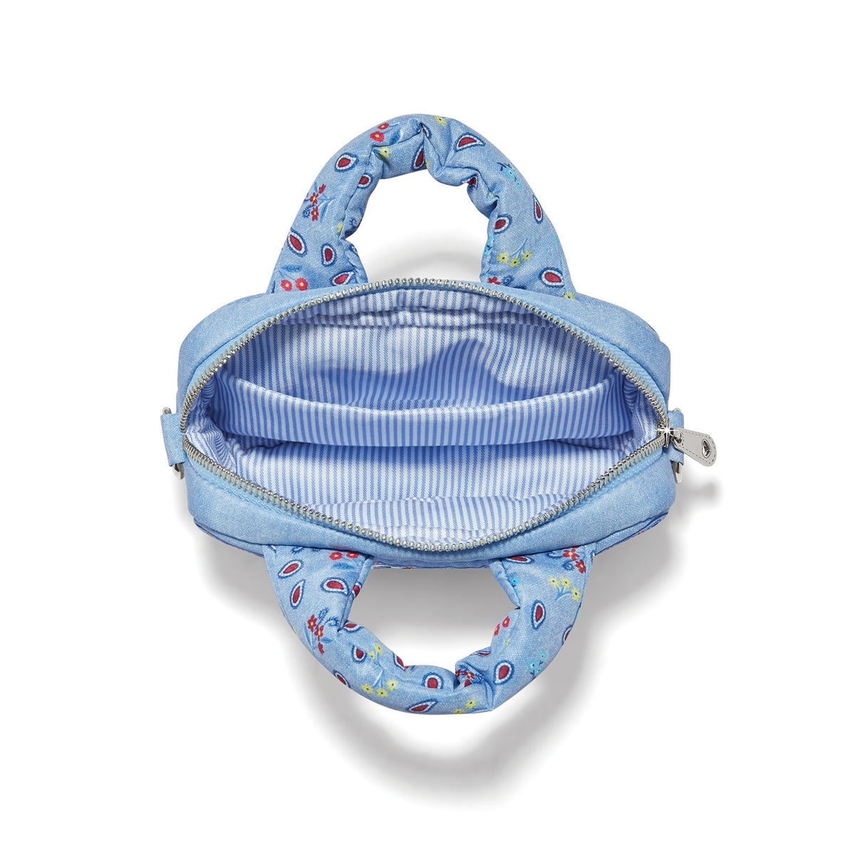 Blue denim crossbody bag with a floral bandana print and striped interior.
