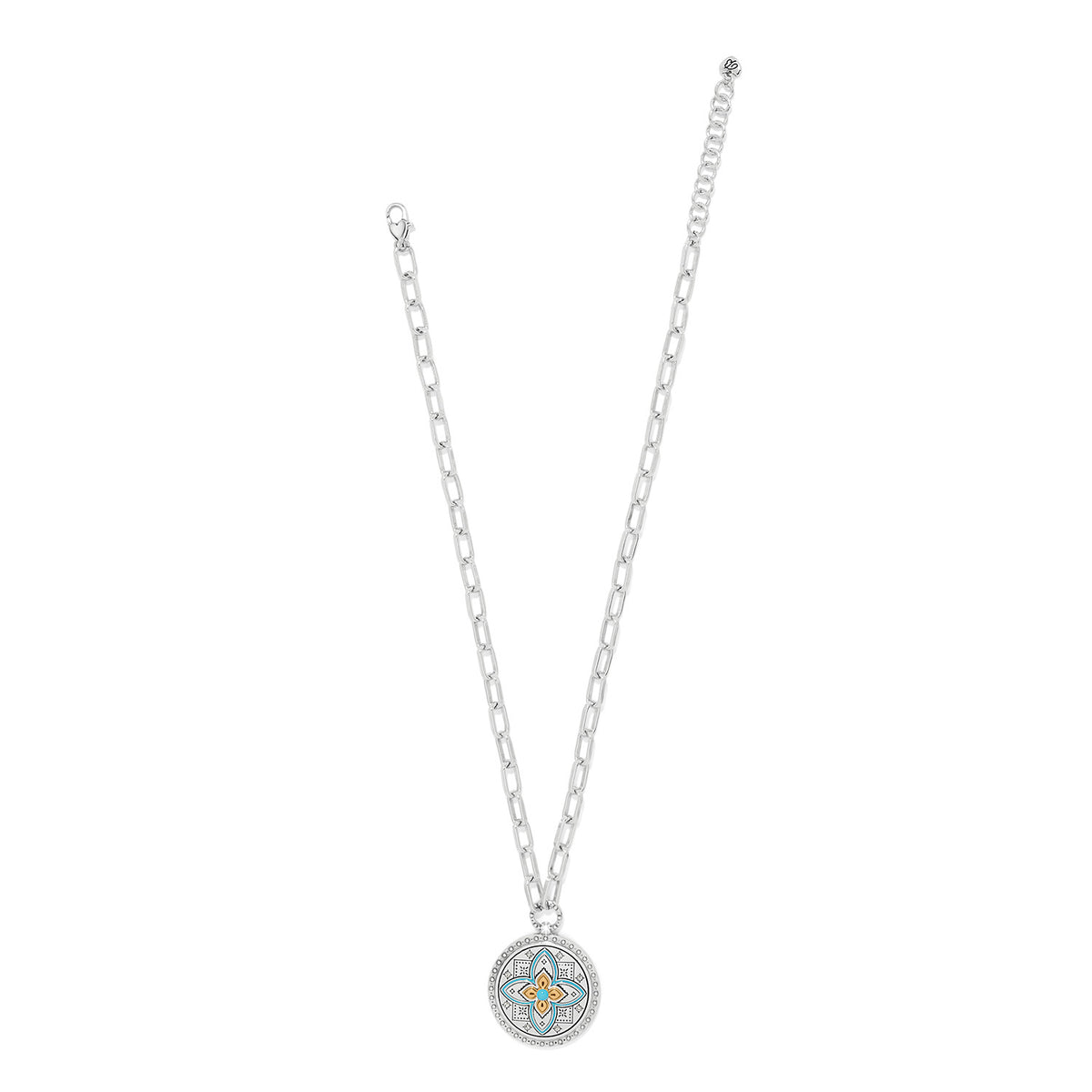 Silver-blue mosaic pendant necklace with two-tone enamel finish on an adjustable chain.