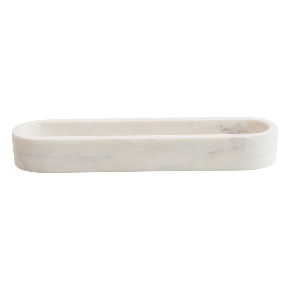 Long, oval white marble cracker dish with natural grey veining on a white background.