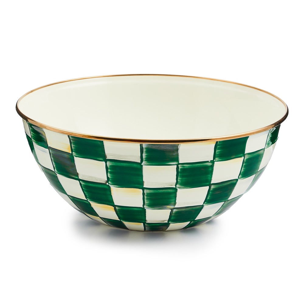Emerald check enamel everyday bowl with hand-painted green checks on steel body and bronzed stainless rim