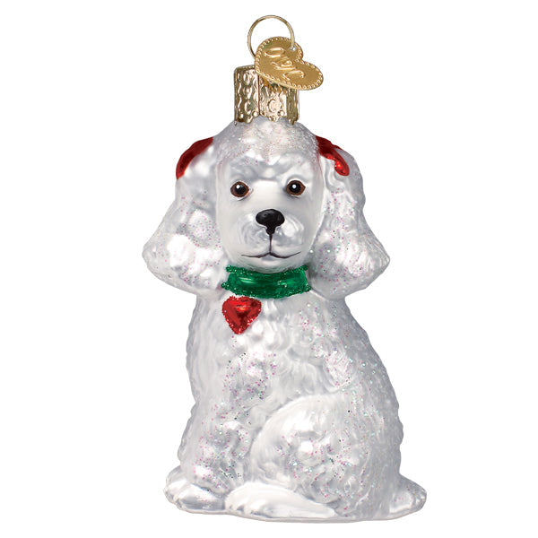 White glittery glass poodle ornament with a green collar, red heart tag, and gold hanging loop.