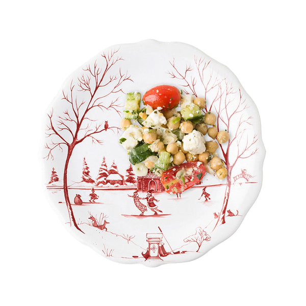 Country Estate Winter Frolic dessert plate in ruby featuring a festive scene with salad on top.
