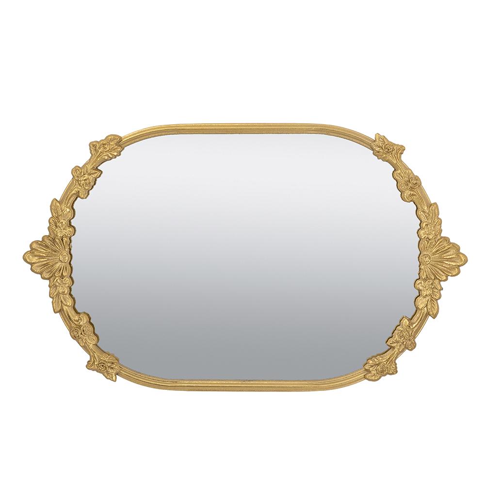 Mirror tray with gold iron frame featuring intricate floral patterns.