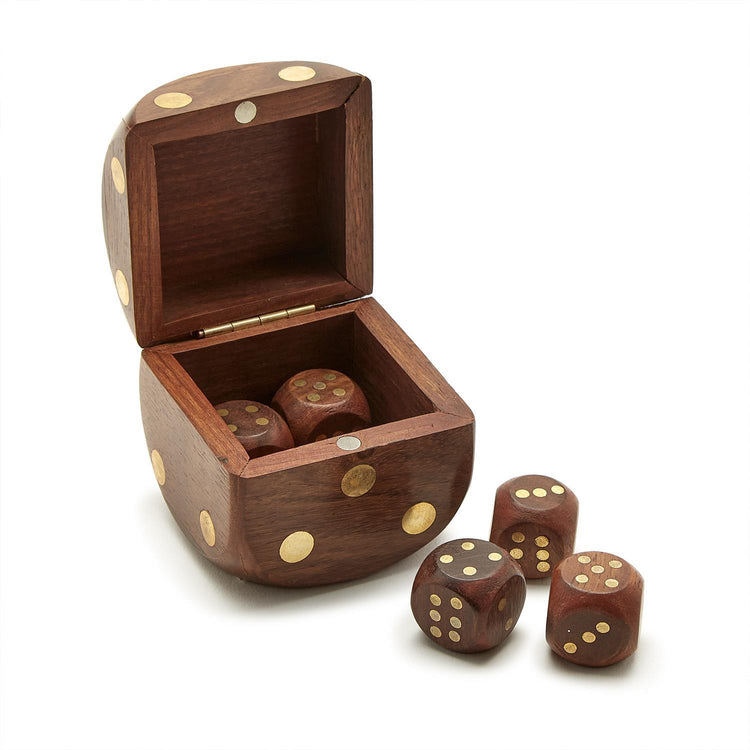 Handcrafted acacia wood dice box with magnetic closure and five matching wooden dice.