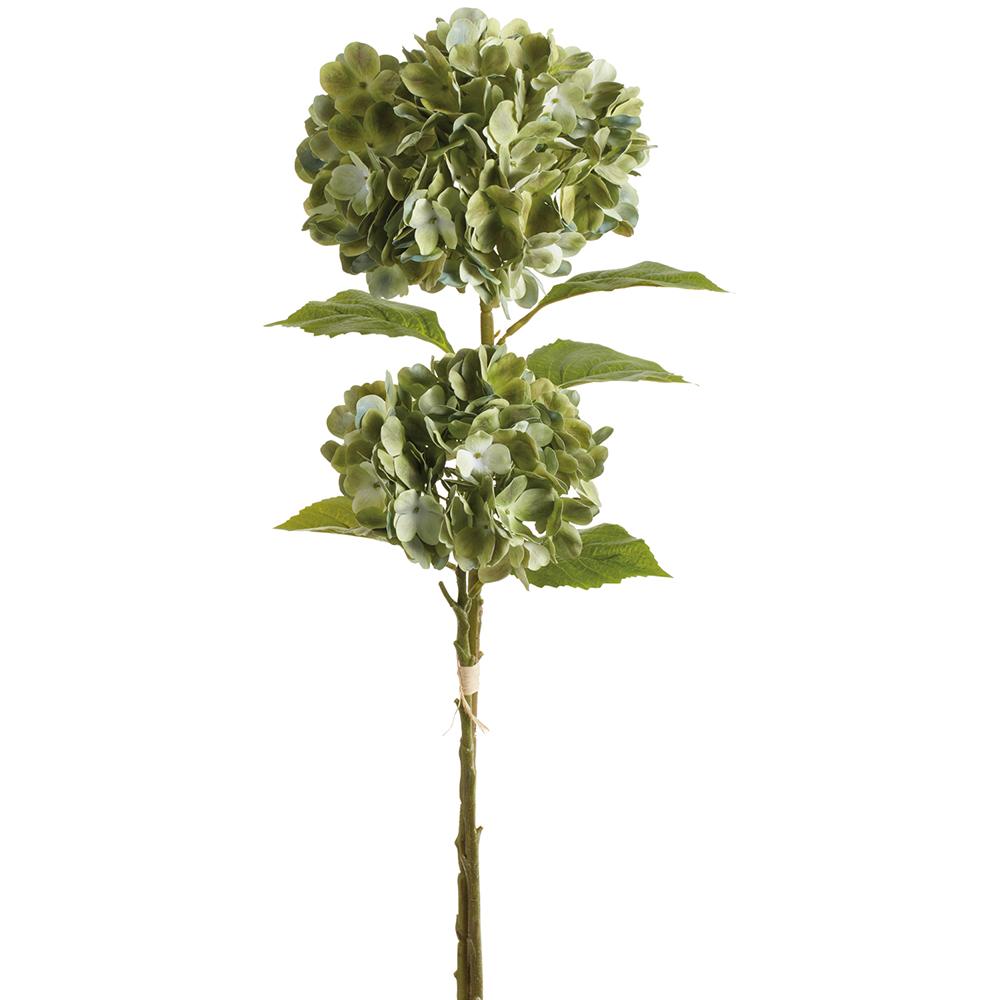 Artificial hydrangea bundle with polyester stems in a natural green wire frame.