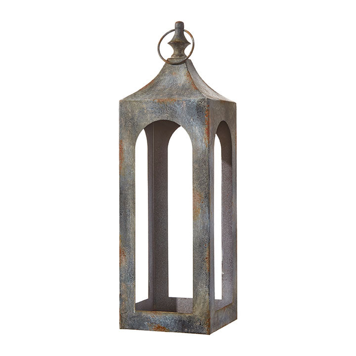 Iron lantern with a classic rectangular silhouette featuring vertical slats.