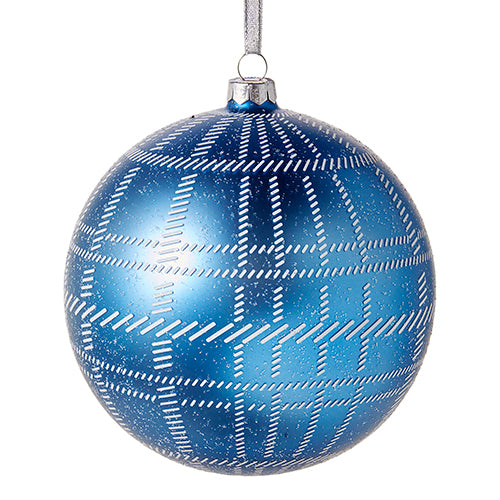 6-inch blue plaid glass ball ornament with a classic round shape.