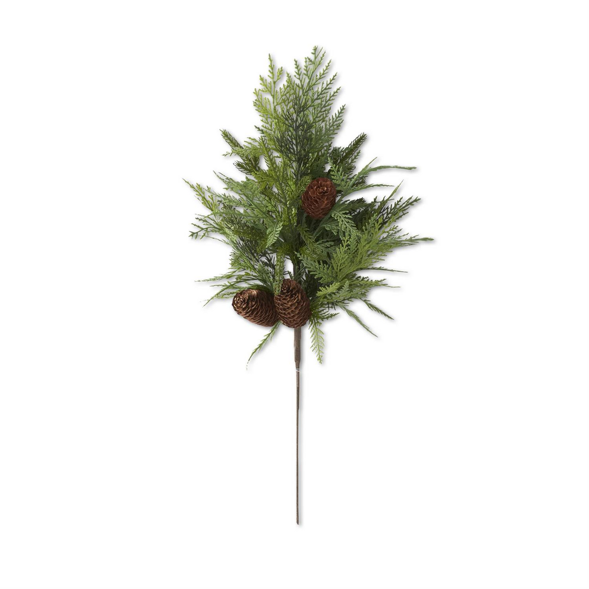 23-inch real touch mixed pine and cedar stem with three natural pinecones on a brown wire pick.