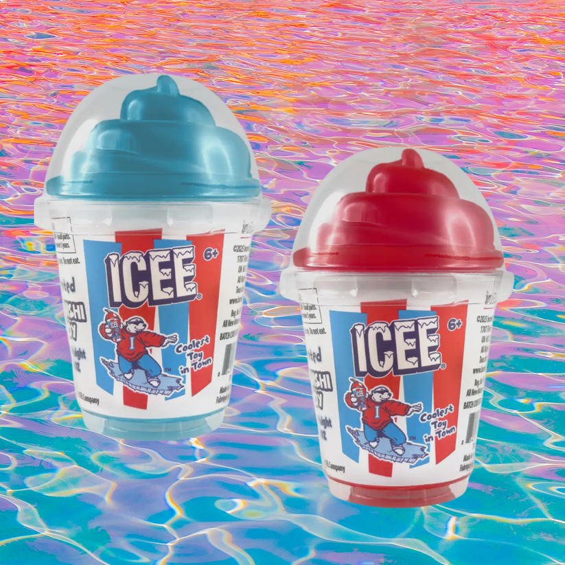 Two Icee Scented Squishi Toys in blue and red, shaped like frozen drinks with dome lids.