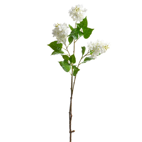 45-inch white polyester hydrangea spray with plastic stems in a full floral silhouette.
