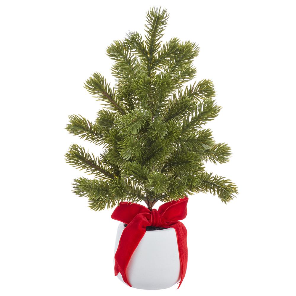 12-inch green spruce tree in a white cement pot with a red velvet bow.