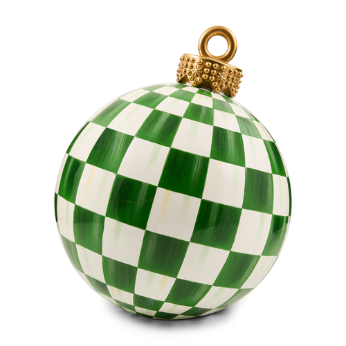 Green and white checkered tabletop ornament with a gold decorative cap and ring on top.