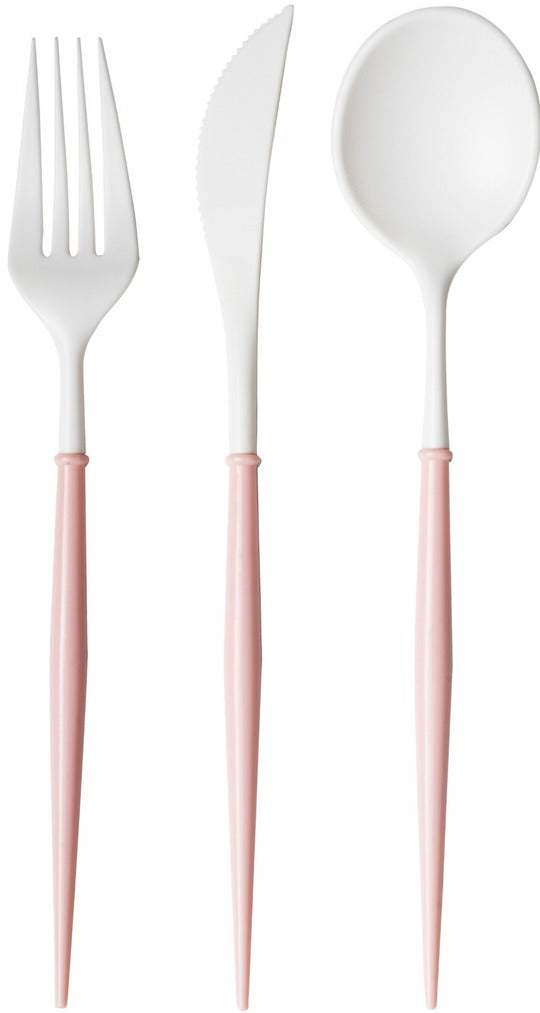 Bella Cutlery set featuring a white plastic fork, knife, and spoon with slender pink handles.