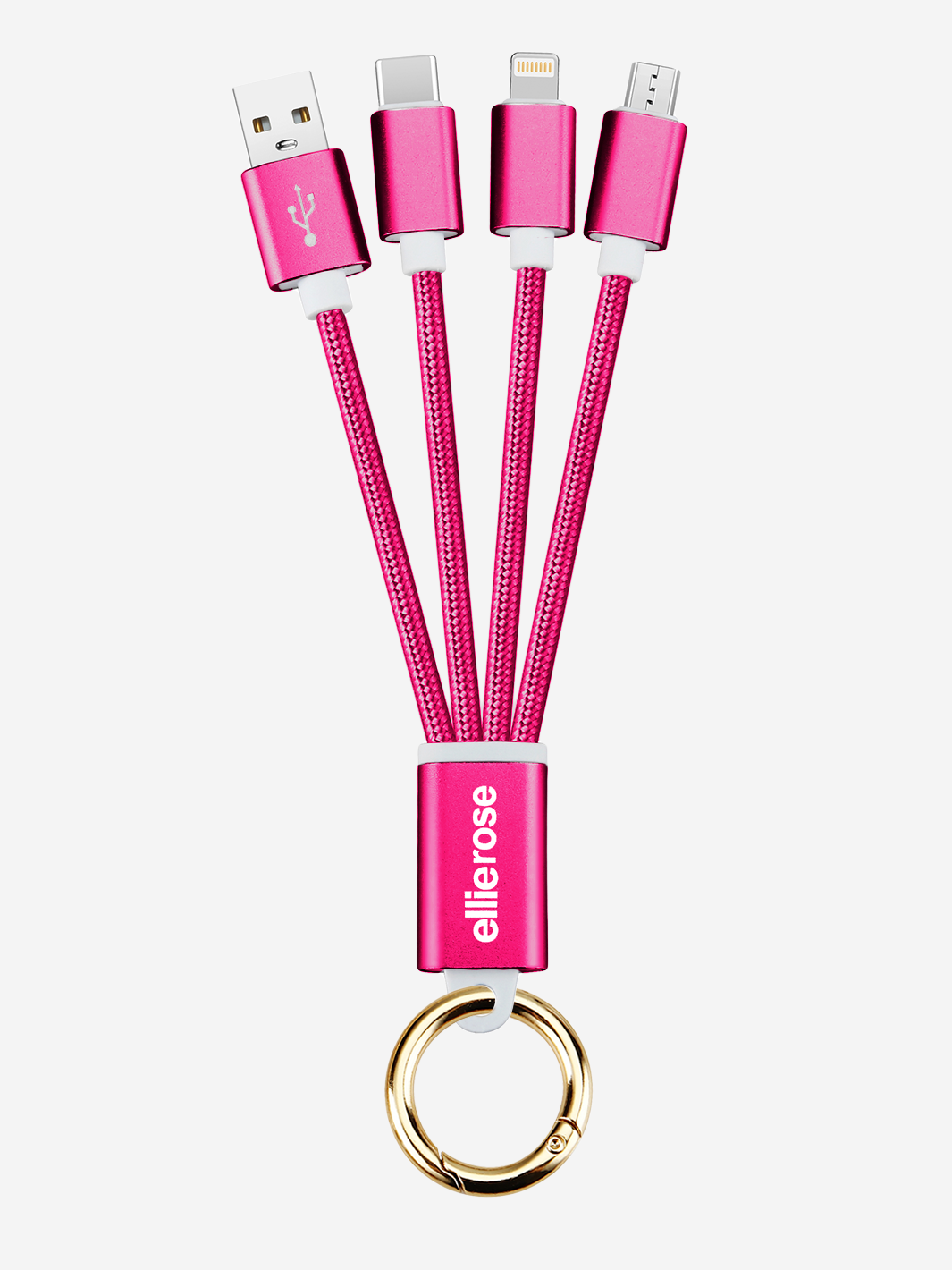 Pink 3-in-1 braided charging cable keychain with USB-A, USB-C, Lightning, and Micro-USB connectors.