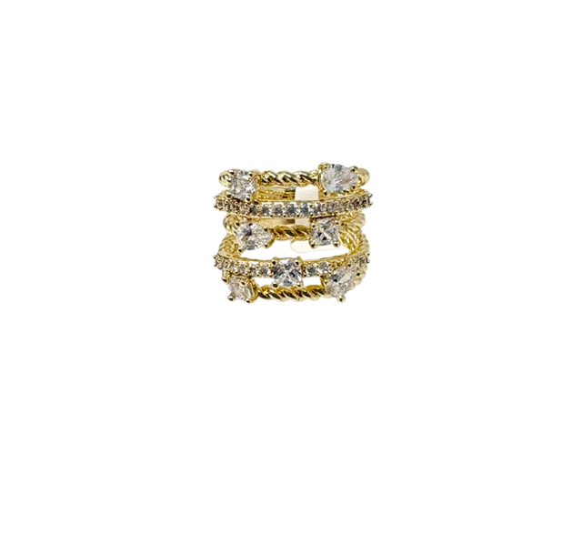 Gold-toned multi-layered statement ring with twisted bands and clear cubic zirconia stones.
