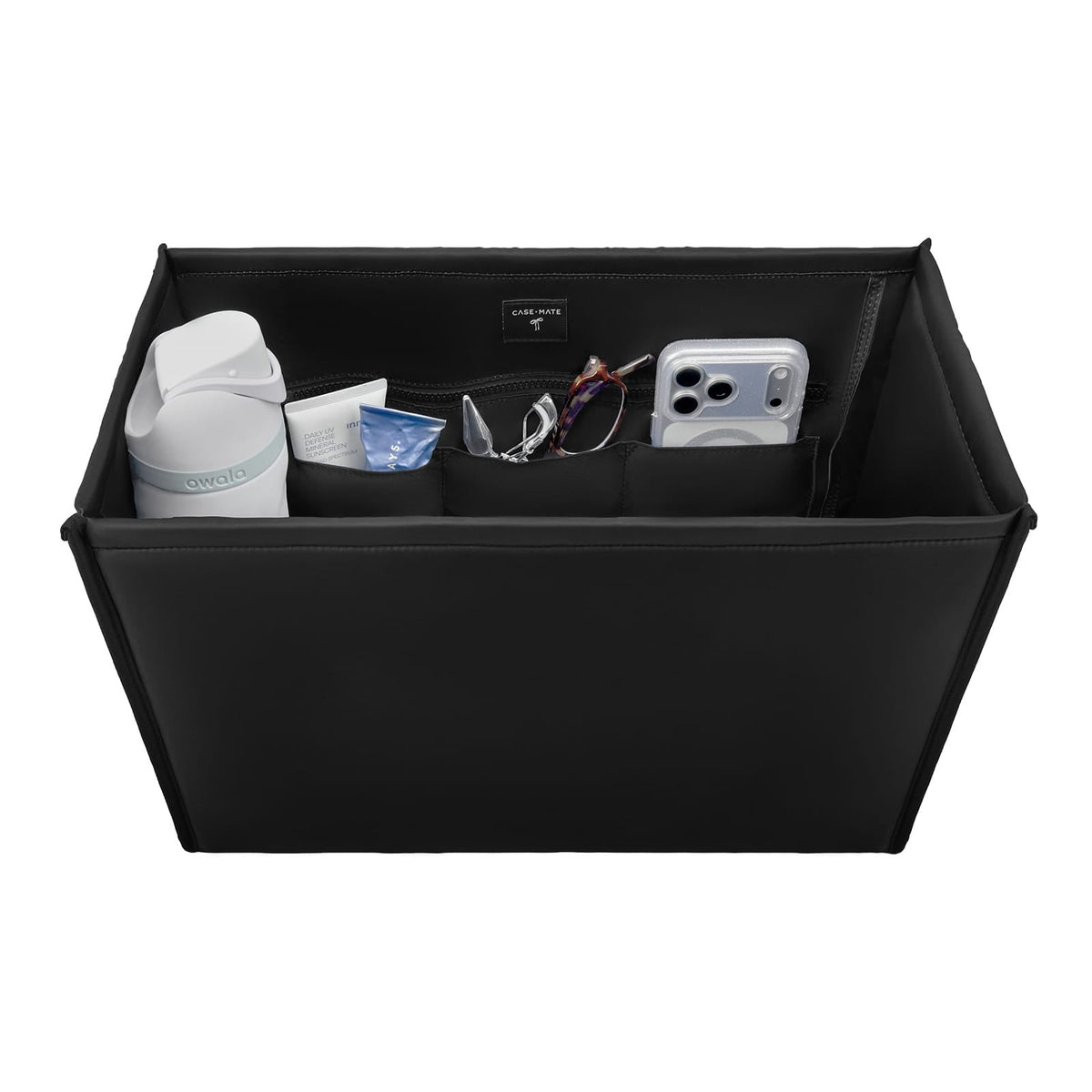 Black structured tote organizer insert with compartments holding a water bottle, phone, and more.