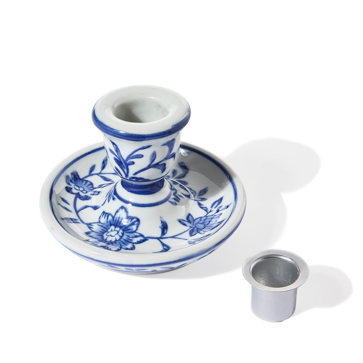 Chinoiserie hand-painted blue and white ceramic taper candlestick holder with removable metal cup.