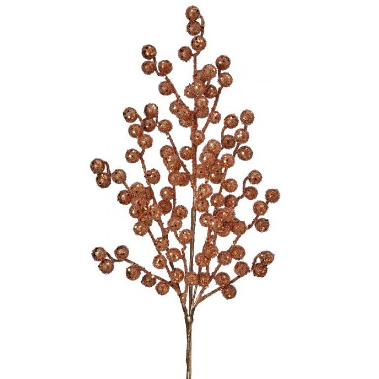29-inch metallic copper glitter berry spray with multiple branches on a single stem.