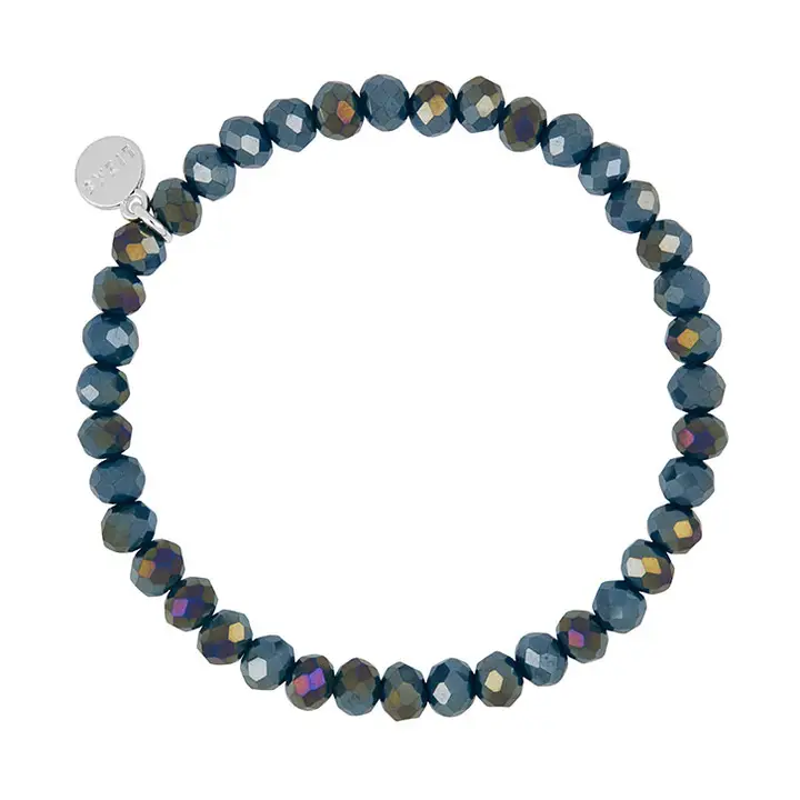 Lizas Quadro Big Bright Colours stretch bracelet with faceted dark iridescent blue crystal beads.