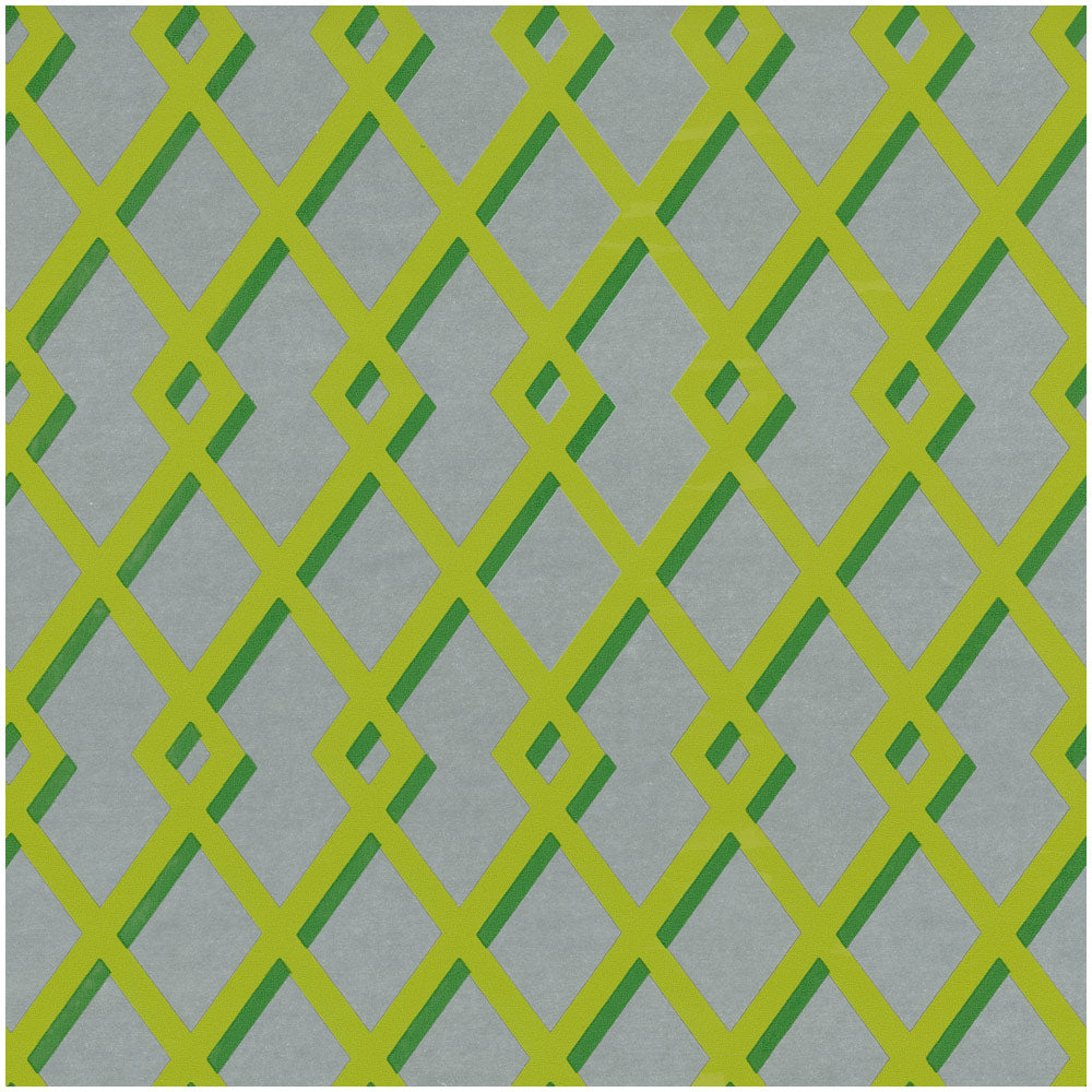 Roll of Trellis green wrapping paper with silver foil geometric pattern on white background