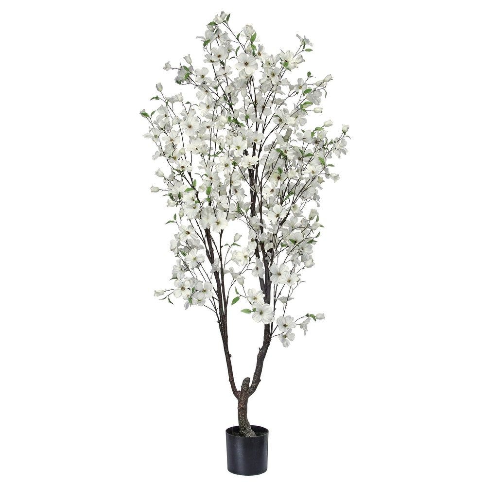 Artificial Southern Dogwood tree with lifelike pink blossoms and green foliage in a starter pot.