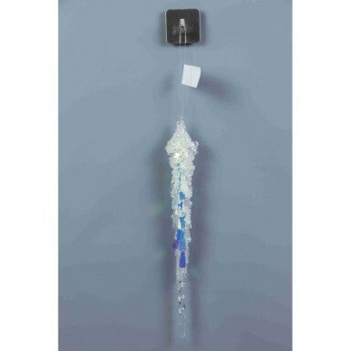 11-inch clear iridescent icicle ornament hanging from a silver hook against a gray background.