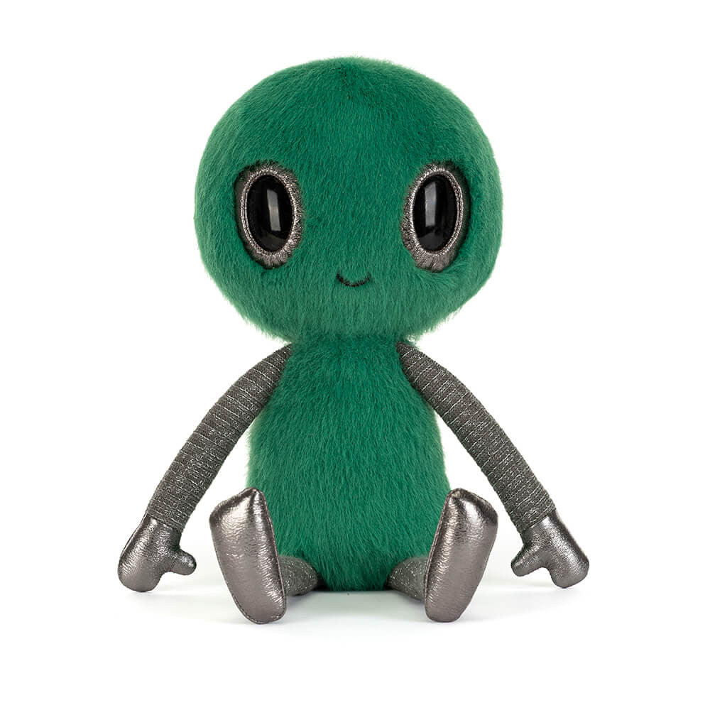 Zyllan Alien plush toy with green fuzzy fur, large black eyes, and silver metallic arms and legs.
