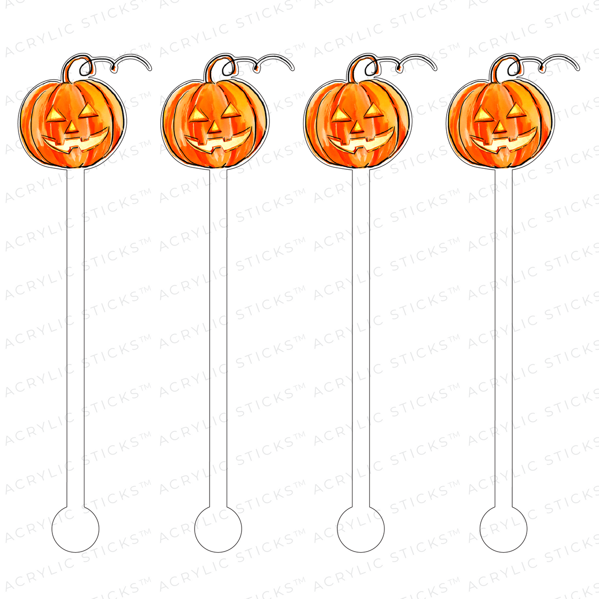 Happy Face Jack O'Lantern acrylic stir stick with orange pumpkin face pattern on white background